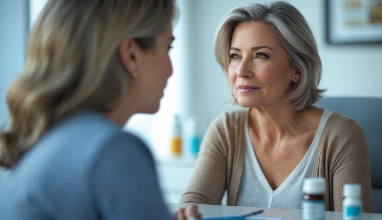A middle-aged woman in a medical consultation room talking with a healthcare professional, with hormone medication visible in the background.