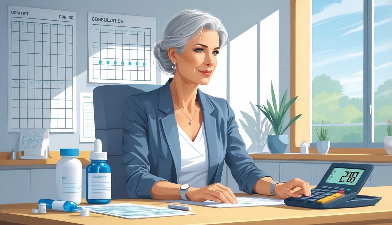 A woman over 50 consulting with a healthcare professional in a clinic, with items representing hormone therapy costs on the desk.