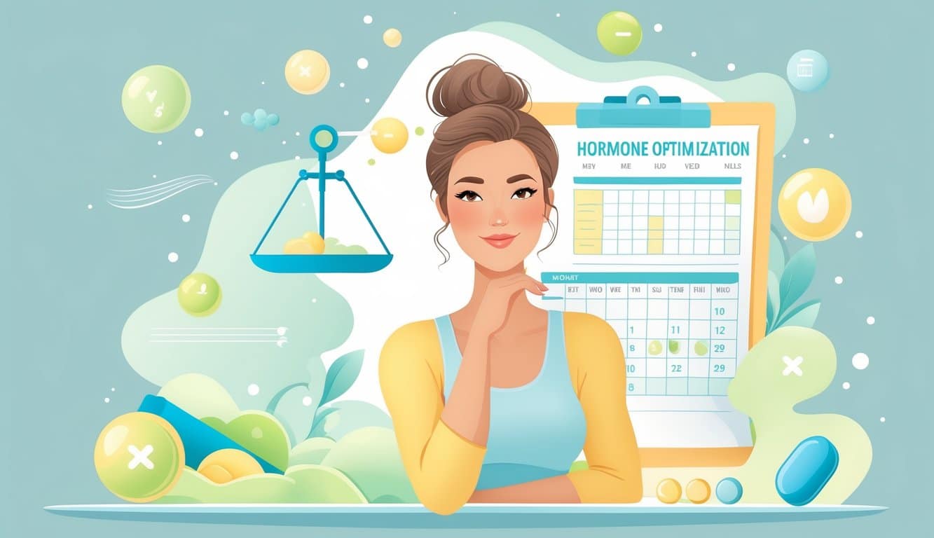 A confident woman in her early 50s surrounded by symbols of hormone balance, wellness, and medical elements like charts and supplements.