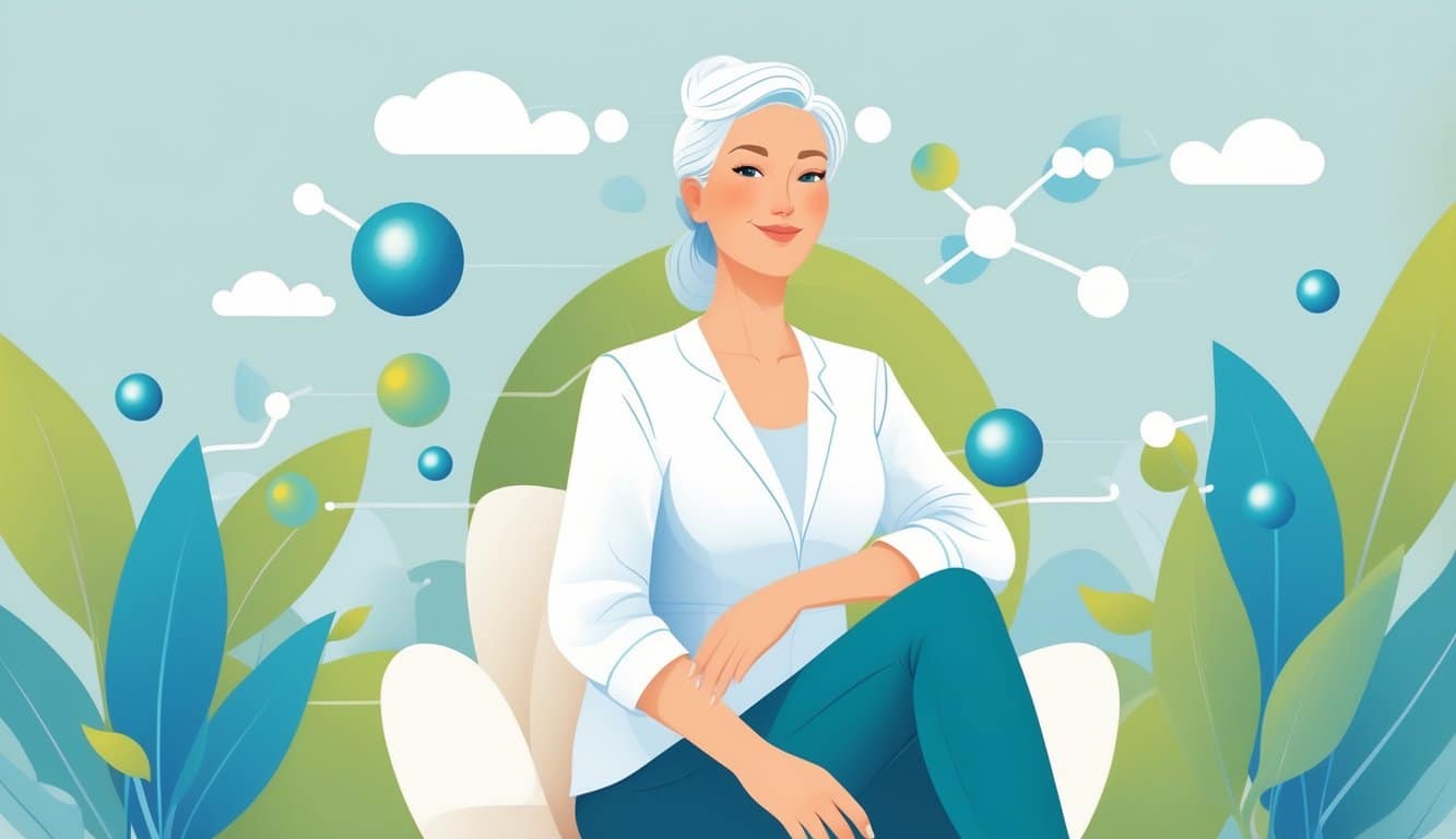 A confident postmenopausal woman in her 50s in a calm medical environment, surrounded by abstract symbols representing hormone balance and health.