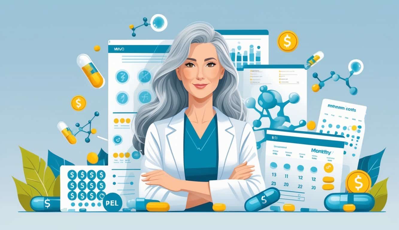 A mature woman surrounded by symbols of hormone therapy treatments and financial elements representing monthly costs.