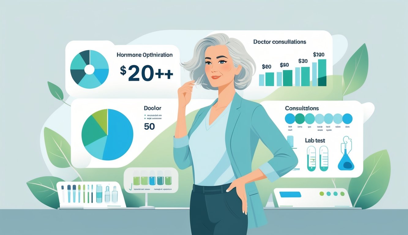 A mature woman surrounded by infographic elements representing hormone therapy costs and components.
