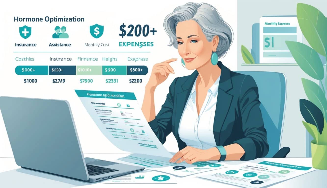 A mature woman over 50 reviewing financial documents and a laptop in a home office, surrounded by icons representing insurance, financial assistance, and medical expenses.