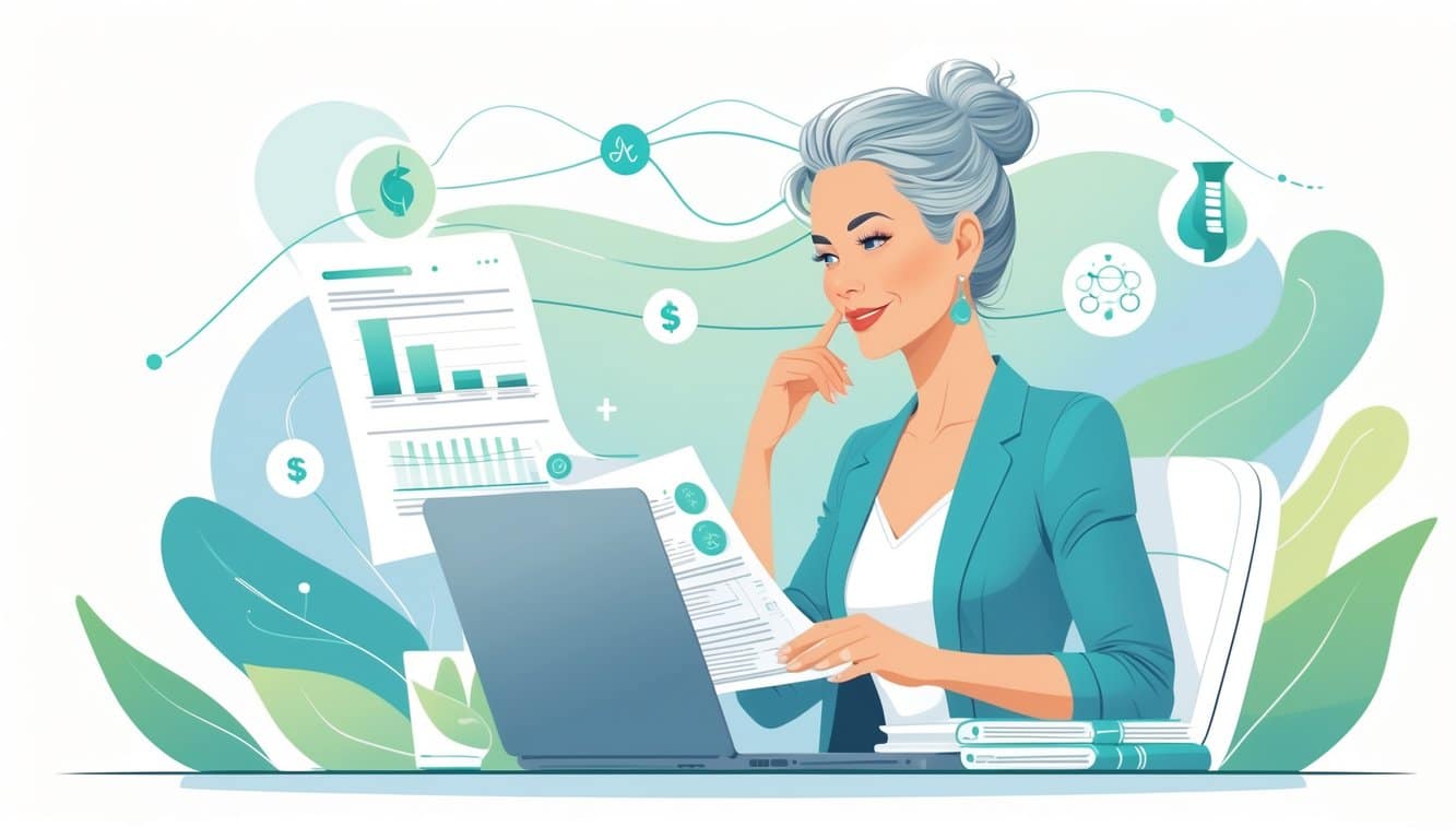 A woman over 50 sitting at a desk, reviewing documents and charts related to health and finances, surrounded by abstract symbols representing hormones and wellness.