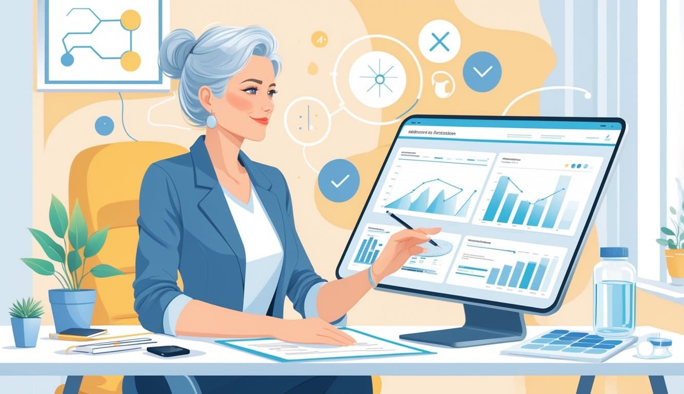 A woman over 50 sitting at a desk reviewing documents and a tablet with charts about hormone optimization in a cozy home office.