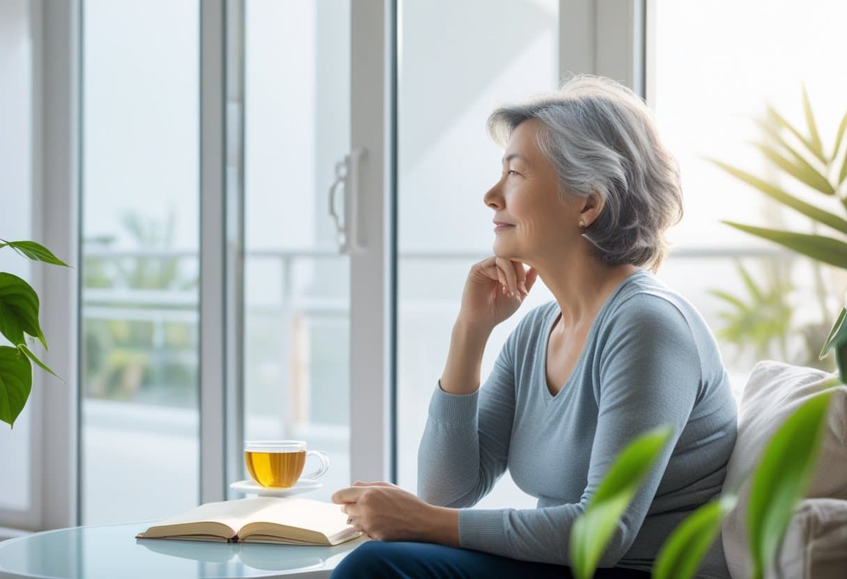 A middle-aged person sitting quietly by a window in a bright room, looking thoughtful and calm.