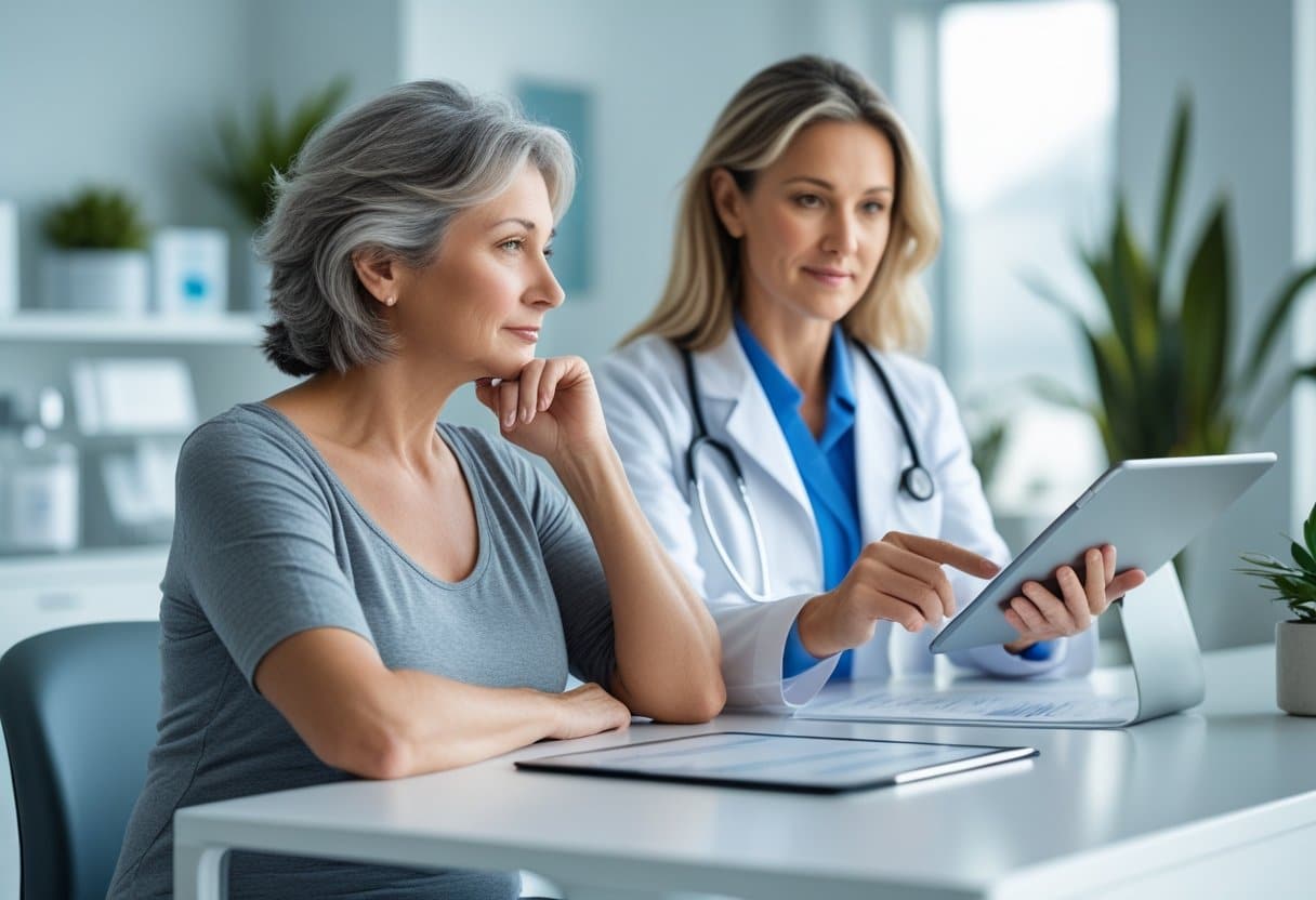 A middle-aged woman and a female doctor having a thoughtful conversation in a bright medical consultation room.