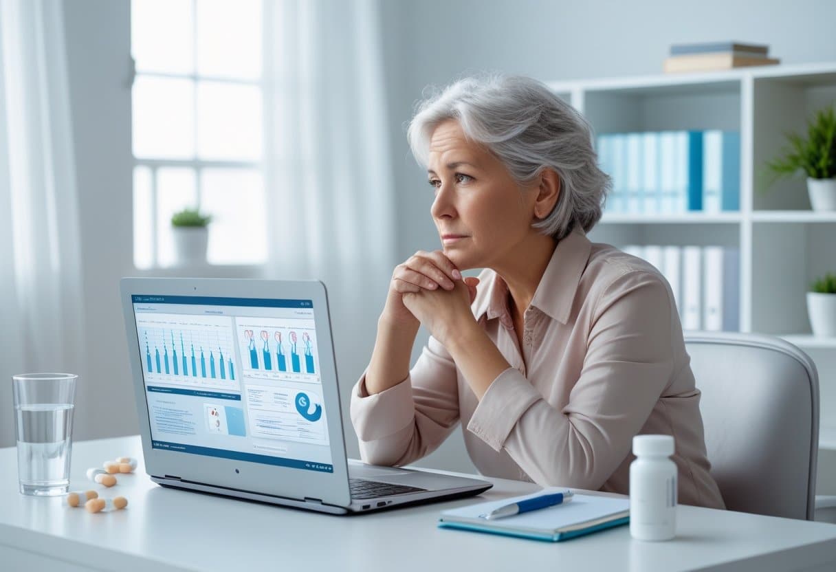 A middle-aged person sitting at a desk, looking thoughtfully at a laptop with medical charts, surrounded by health-related items in a bright room.
