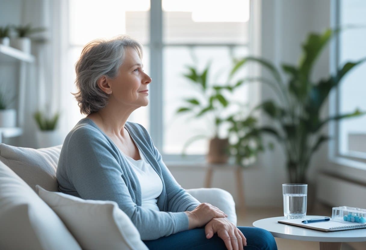 A middle-aged person sitting thoughtfully by a window in a bright living room with a glass of water and a notebook nearby.