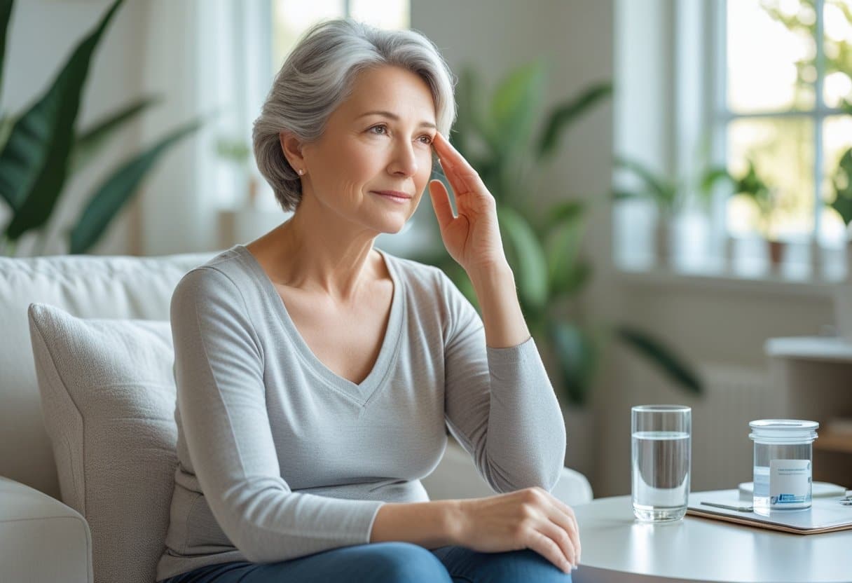 A middle-aged woman sitting thoughtfully in a bright living room with natural light, touching her temple, with medical items on a nearby table.