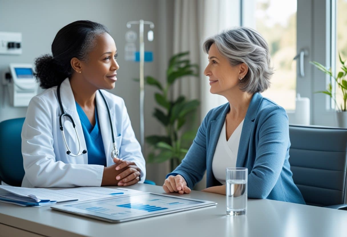 A healthcare professional talks supportively with a middle-aged patient in a bright, modern clinic room.