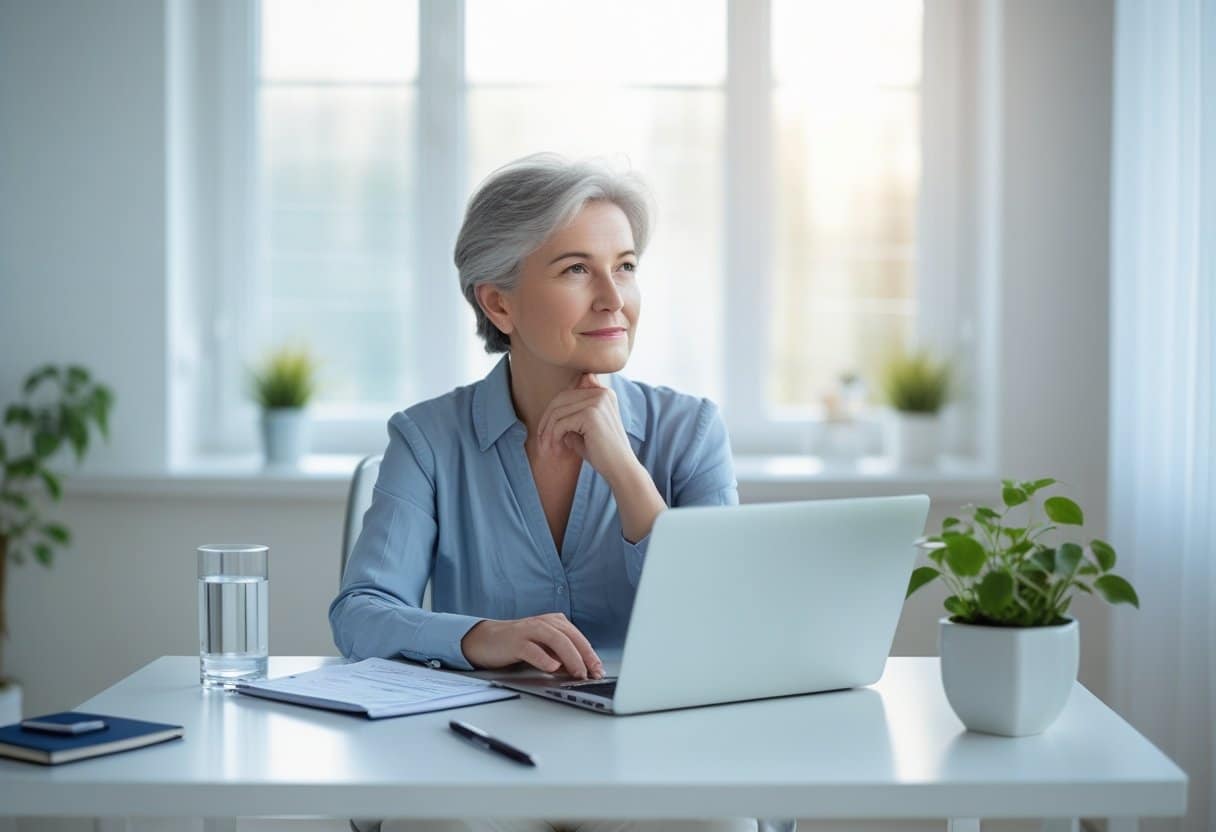 A middle-aged person sitting at a desk, looking thoughtfully at a laptop with medical charts, surrounded by a glass of water, notebook, and a small plant.