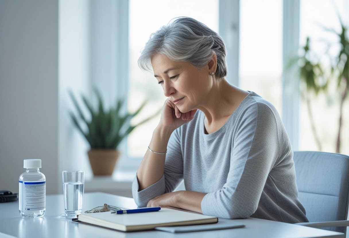 A person sitting thoughtfully at a desk with medical items, reflecting on their health journey.