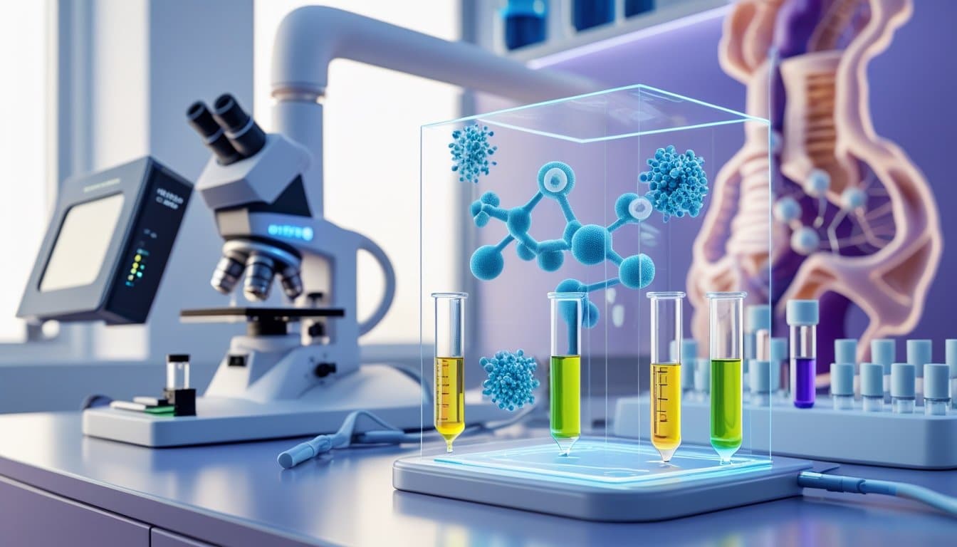 A 3D rendered medical lab scene showing hormone testing equipment, test tubes, a microscope, and holographic displays of hormone molecules with anatomical models of the female reproductive system in the background.