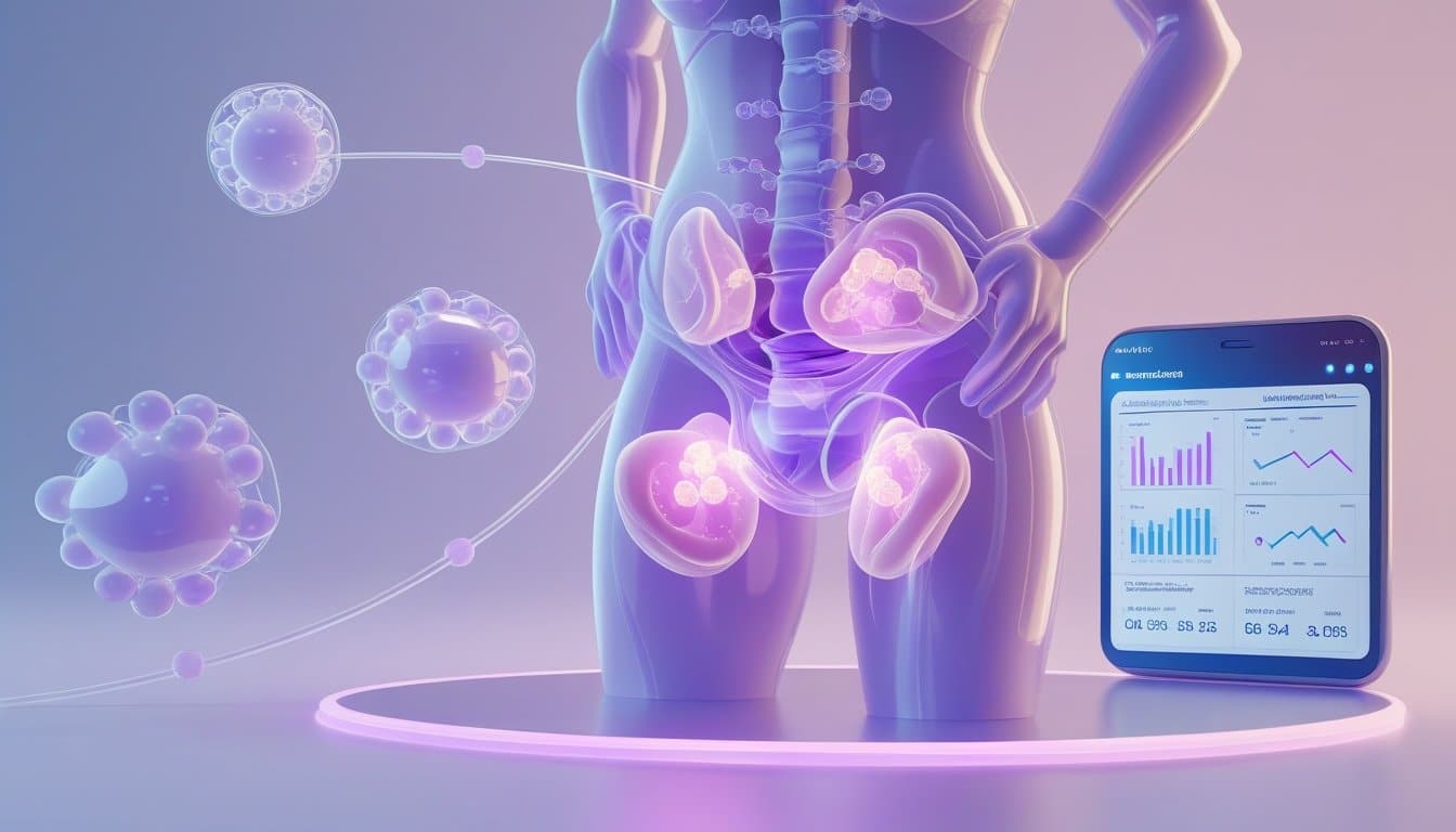 A translucent female figure showing the reproductive organs and hormone molecules floating nearby, alongside a digital interface displaying hormone test results.