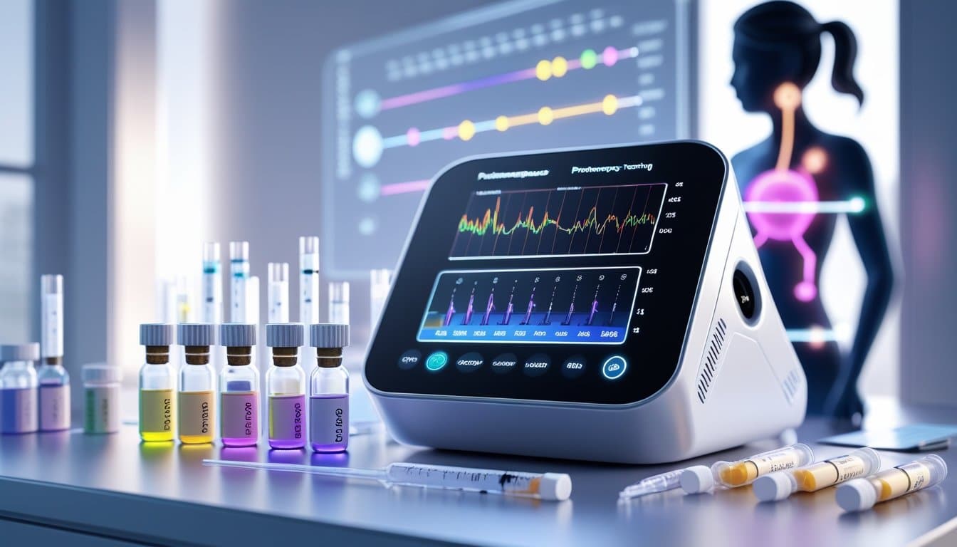 A 3D rendered medical lab scene showing a hormone testing device, hormone vials, and a female figure with highlighted endocrine glands representing hormone changes during perimenopause.
