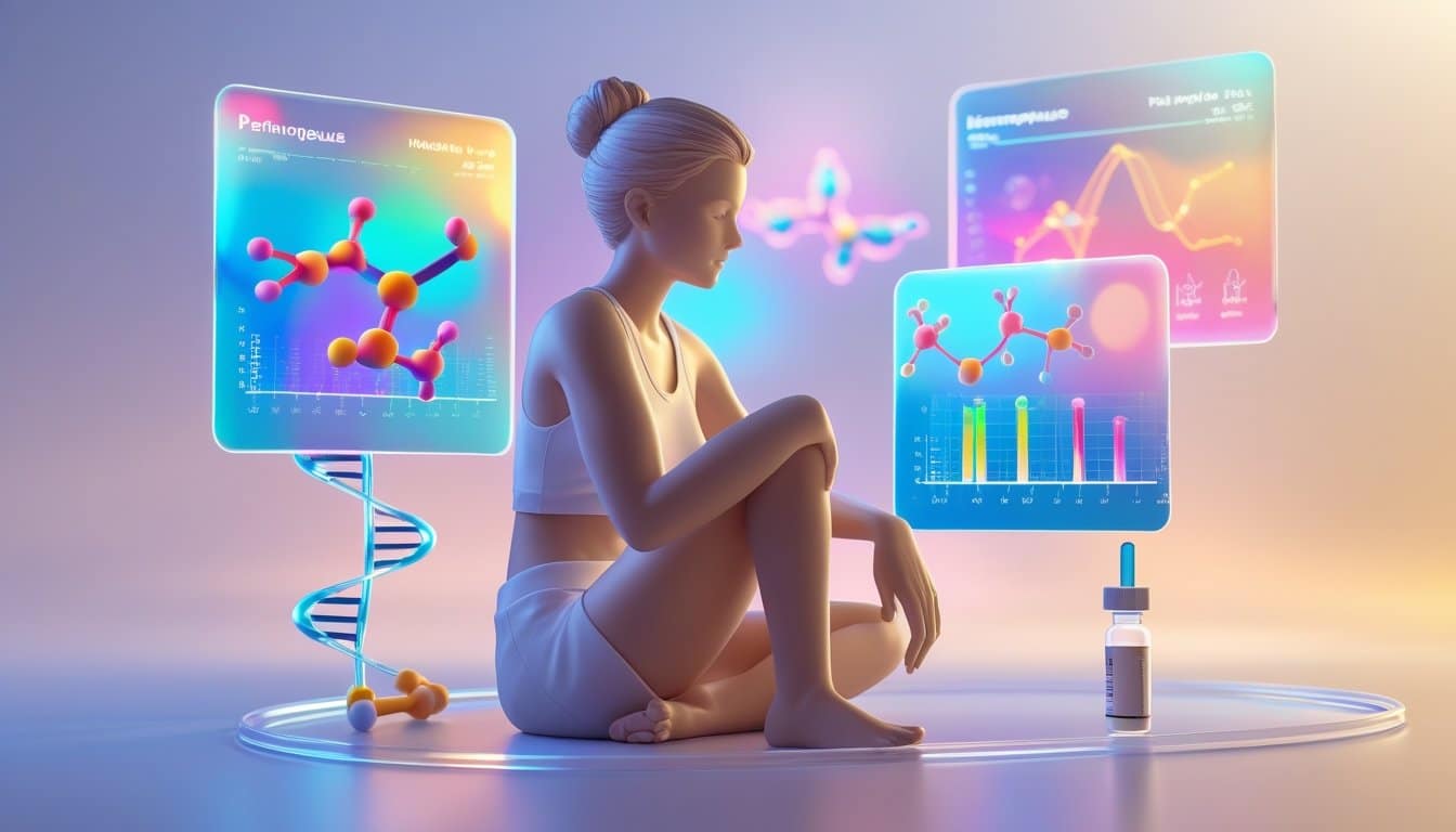 A middle-aged woman surrounded by floating holographic panels showing hormone molecules and graphs, with medical symbols like a blood test vial and DNA helix nearby.