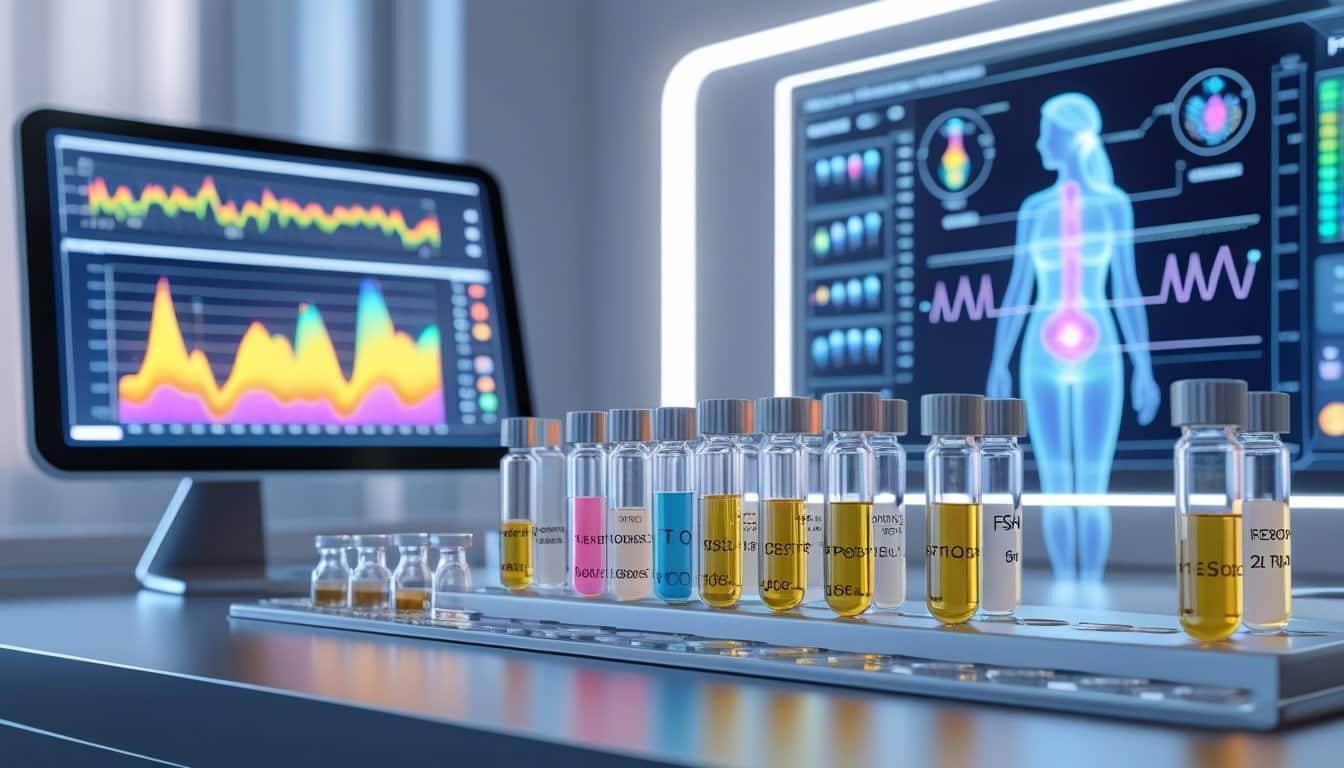 A 3D rendering of a laboratory workstation with hormone test tubes, digital charts, and a holographic female body highlighting reproductive systems.
