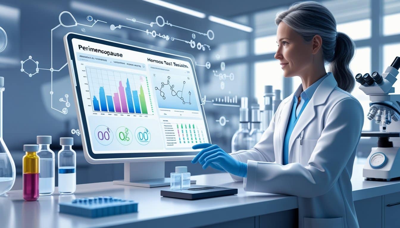 A female healthcare professional analyzing lab data on a touchscreen in a modern medical lab with blood samples and lab equipment nearby.