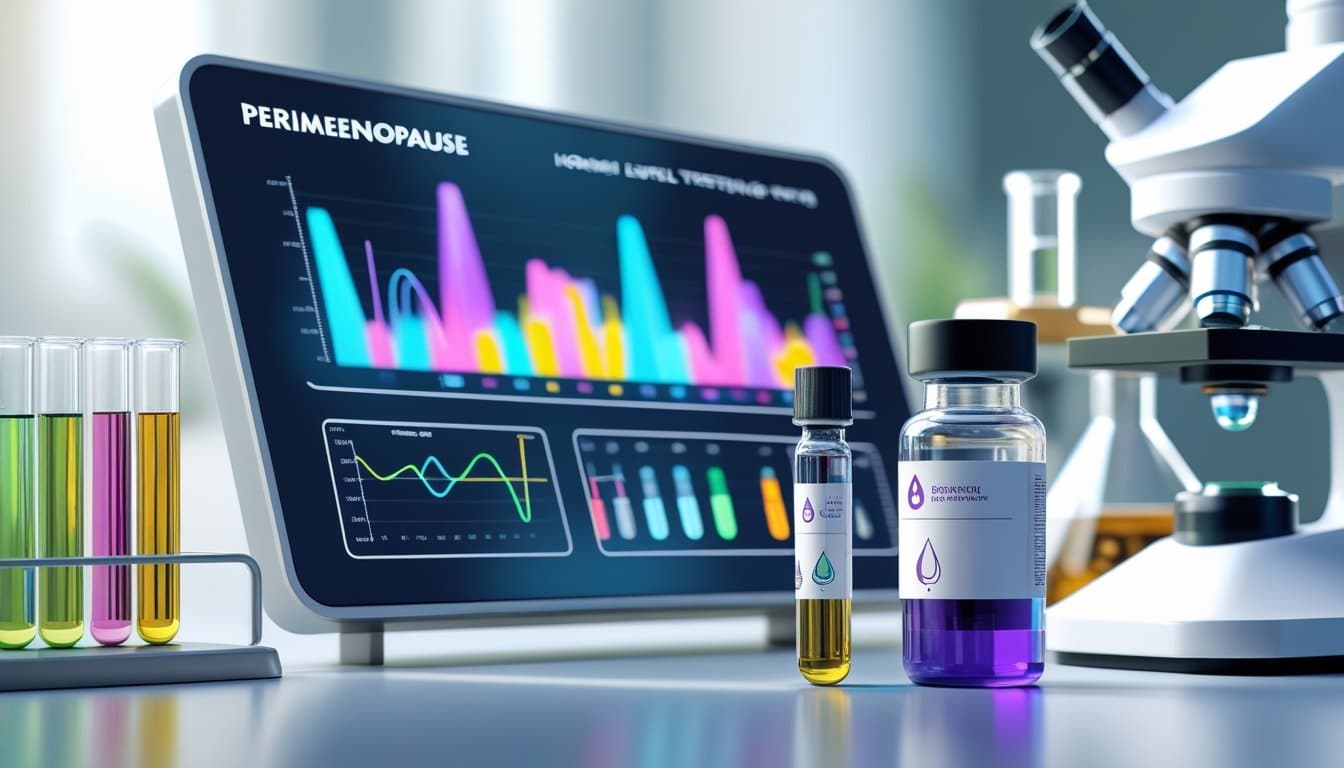A 3D rendered medical lab scene showing hormone test equipment and colorful hormone level graphs on a digital display.
