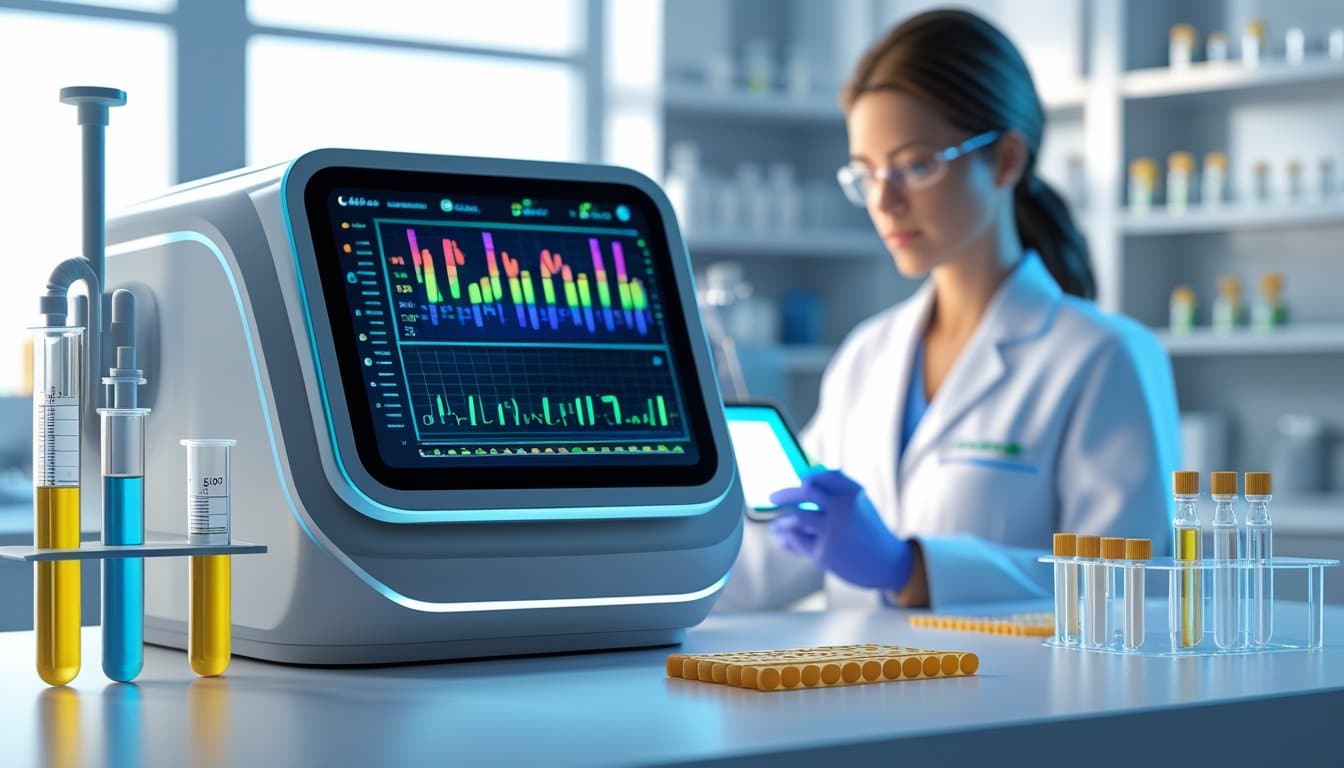 A medical laboratory with a blood analysis machine, scientific tools, and a female healthcare professional reviewing data on a tablet.