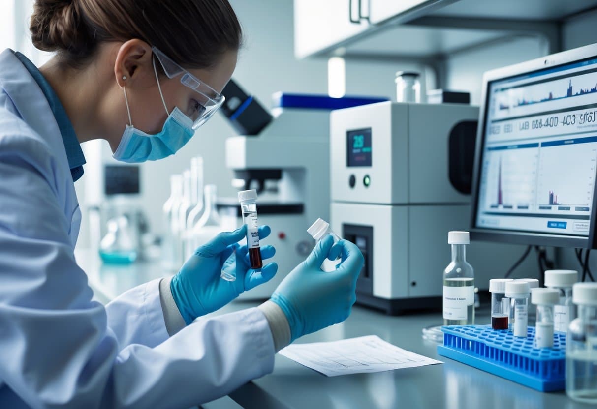 A lab technician in a white coat handling a blood sample in a modern laboratory with scientific equipment in the background.