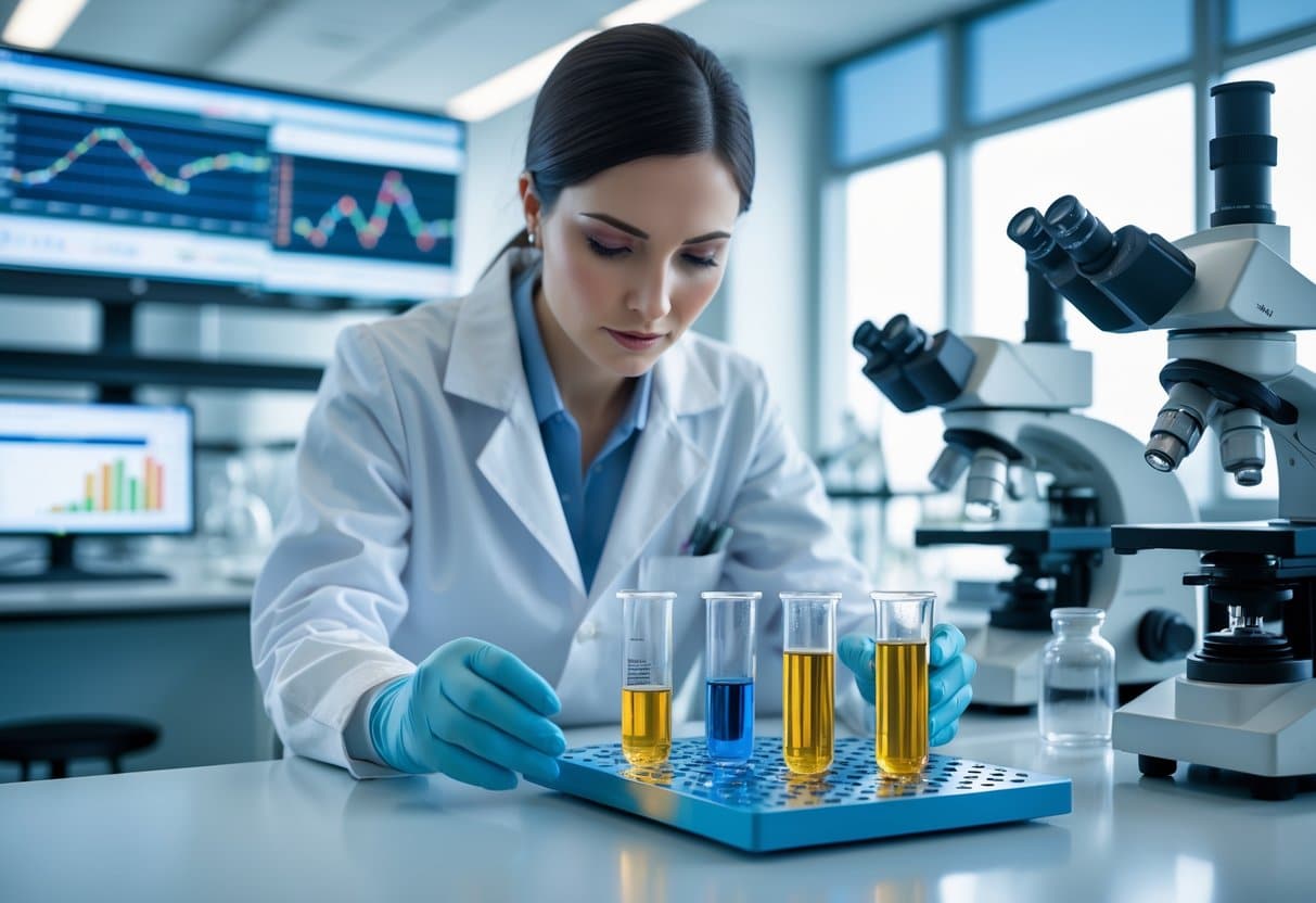 A lab technician in a white coat handling test tubes in a bright medical laboratory with advanced testing equipment.