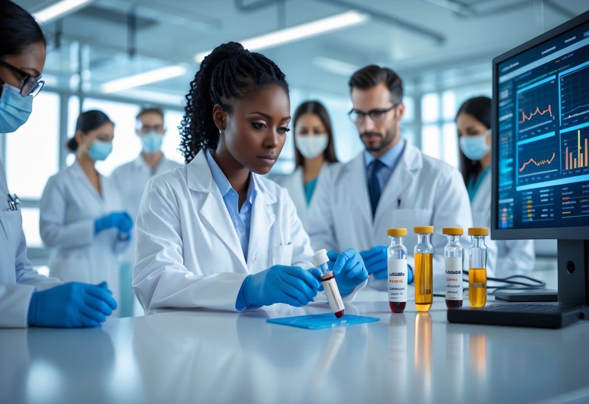 Healthcare professionals in a modern laboratory conducting heavy metal testing using advanced equipment and analyzing blood samples.