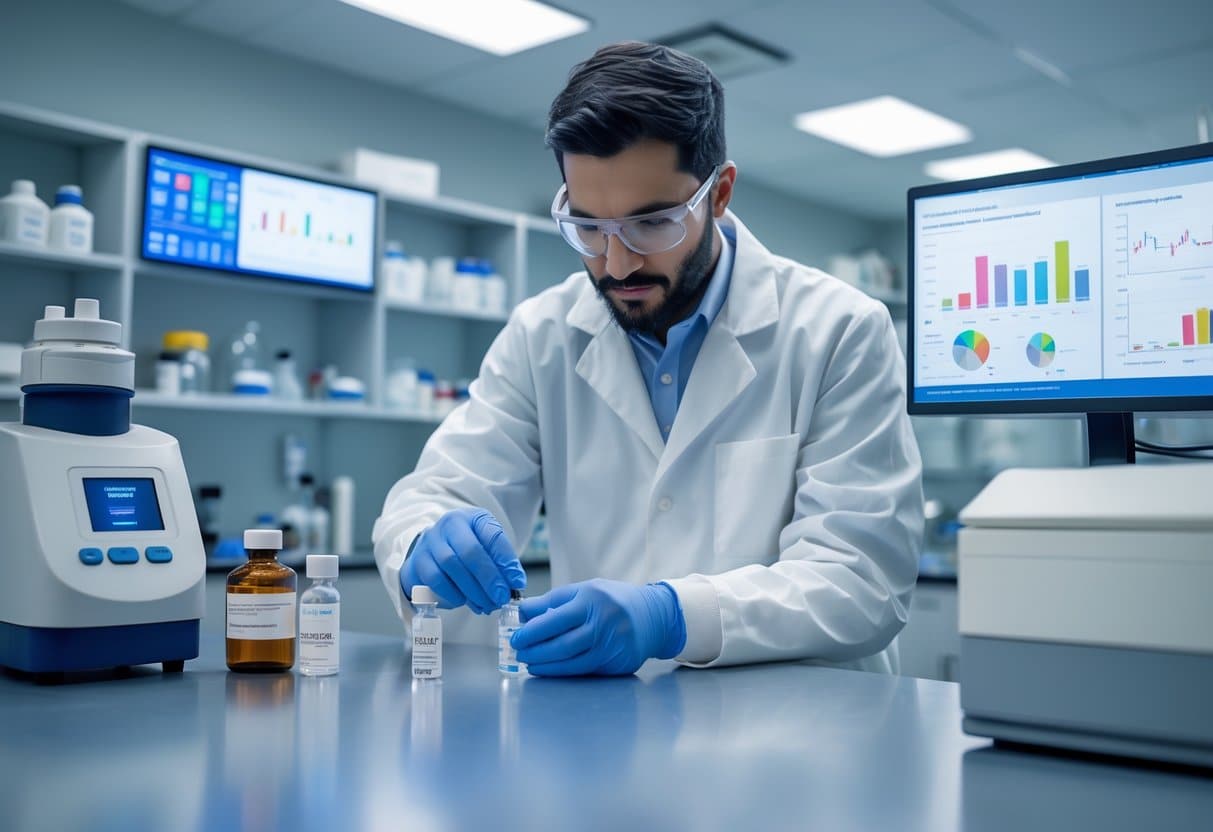 A scientist in a lab coat working with blood samples and advanced equipment in a medical laboratory focused on heavy metal testing.