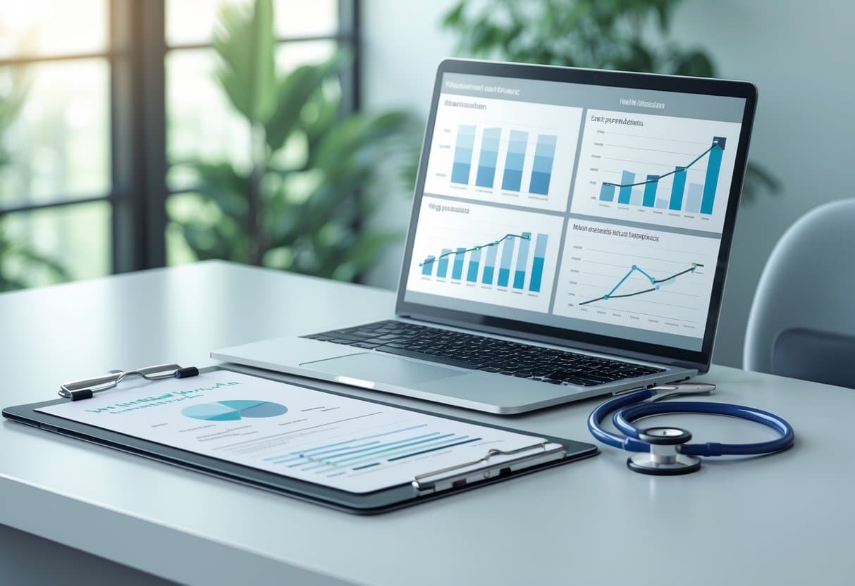 A workspace with a laptop showing charts, medical documents on a clipboard, and a stethoscope on a desk in a bright office.