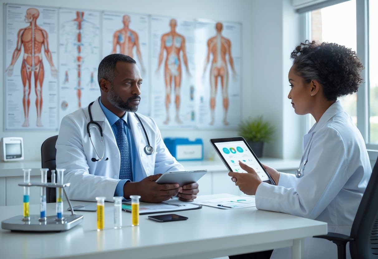 A healthcare professional consulting with a patient in a medical office with testing equipment on the desk.