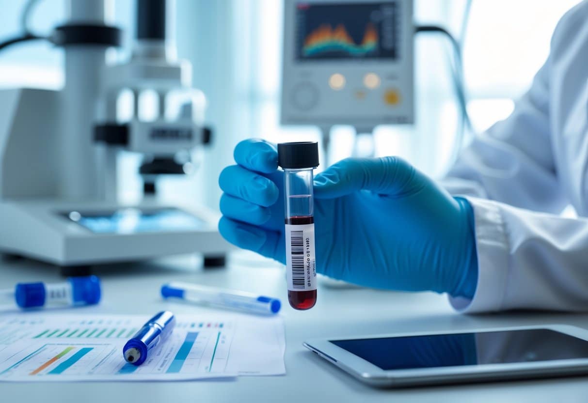 A medical technician handling a blood sample in a laboratory with scientific equipment and test result documents on a desk.