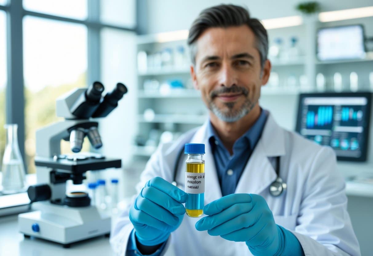 A healthcare professional holding a test tube in a bright laboratory with medical equipment in the background.