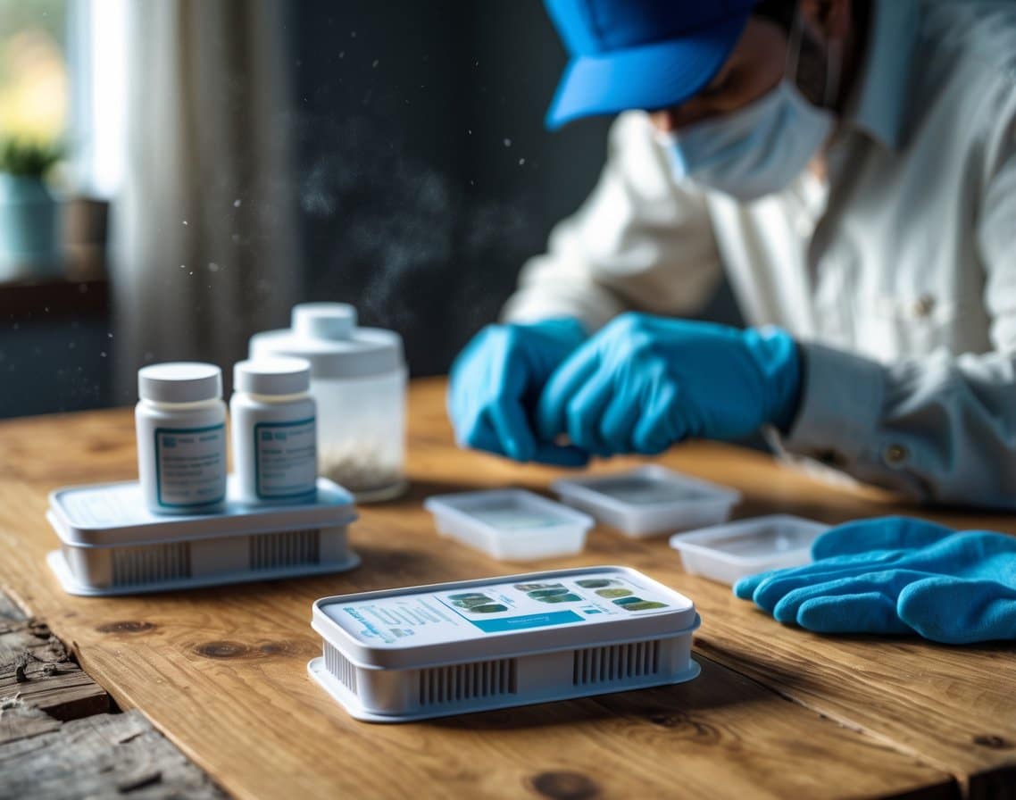 A close-up of a DIY mold testing kit on a wooden table with a professional mold tester working in the background.