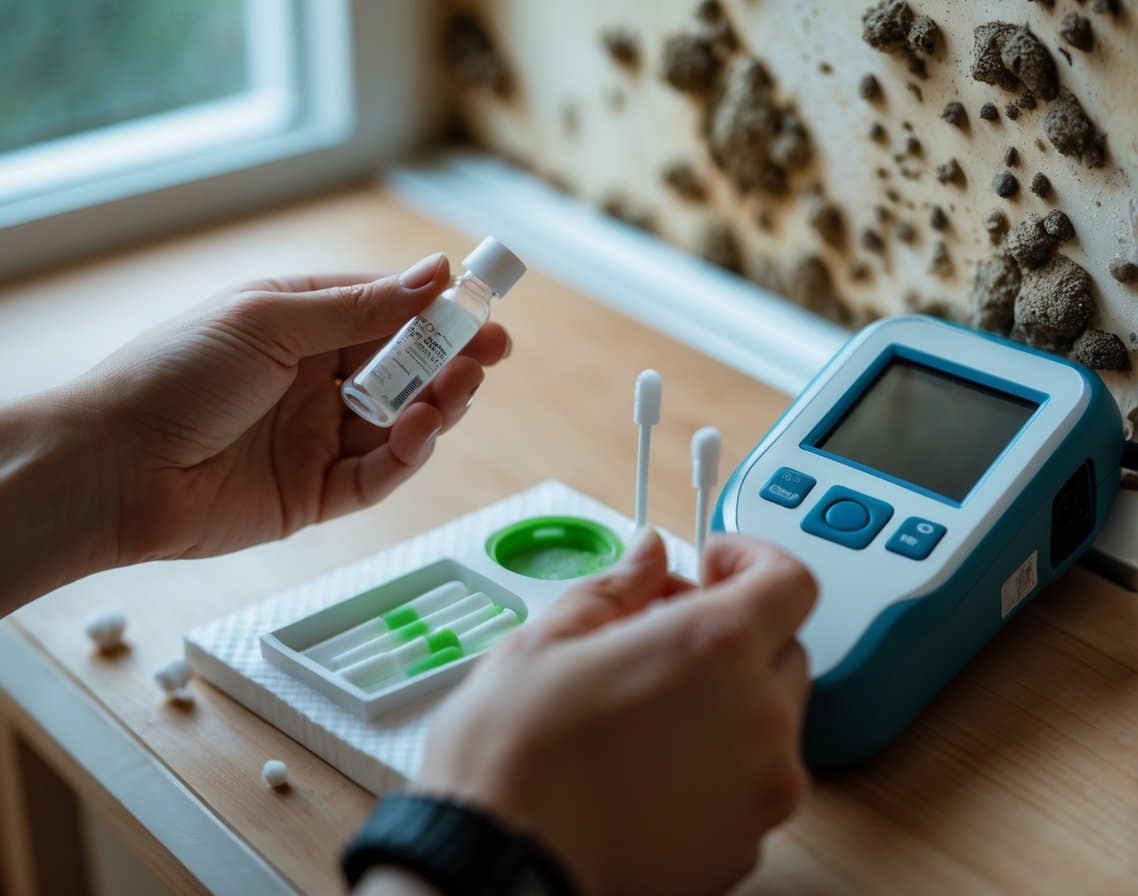 Close-up of hands holding a DIY mold testing kit next to a professional mold testing device on a wooden table, with visible mold patches on a wall in the background.