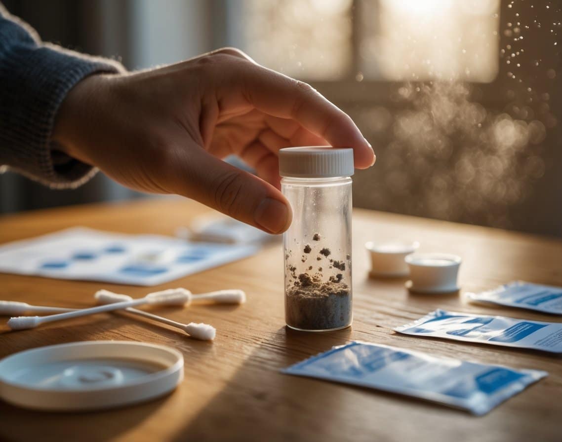 A close-up of a hand holding a mold sample container with testing tools and materials on a wooden table in natural light.