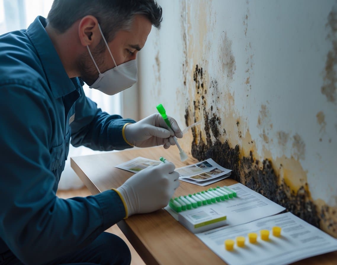 A technician wearing gloves and a mask collects mold samples from a wall corner with visible mold, while a DIY mold testing kit sits on a nearby table.