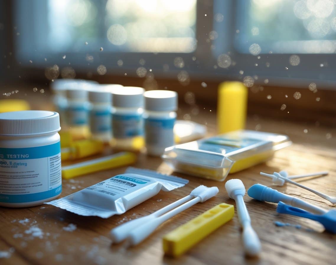 Close-up of DIY mold testing kit and professional mold testing equipment placed side by side on a wooden table.