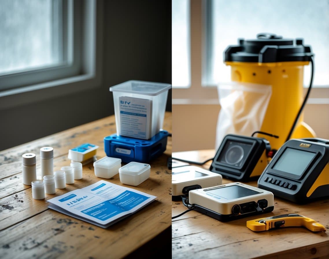 A close-up view of a wooden table displaying a DIY mold testing kit with swabs and containers on one side and professional mold testing equipment with an air sampling pump and sealed bags on the other side.