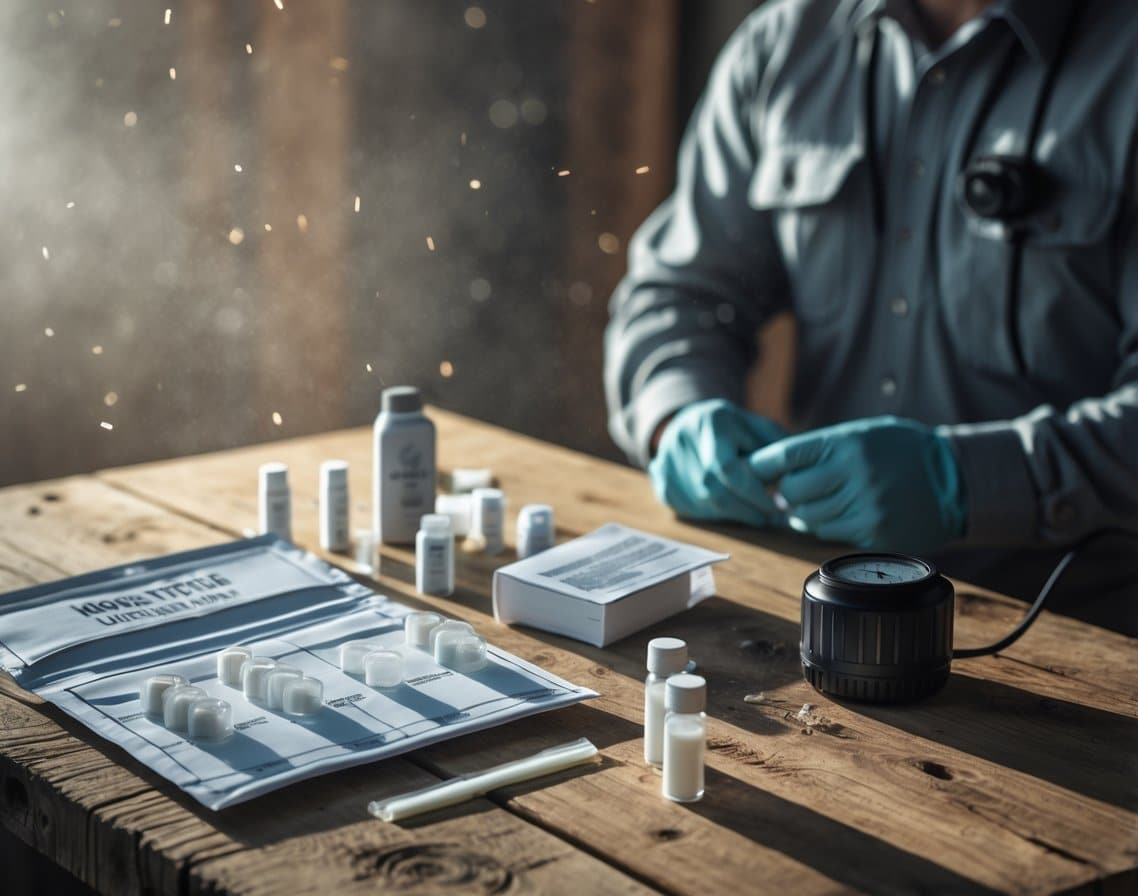 A close-up of a wooden table displaying a DIY mold testing kit with vials and swabs on one side, and a professional mold inspector holding testing equipment in the background.