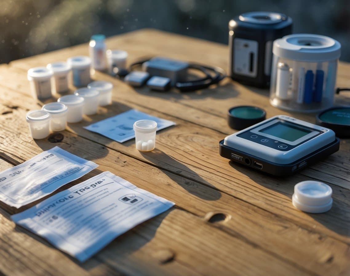 Close-up view of a wooden table displaying DIY mold testing kits and professional mold testing equipment side by side.