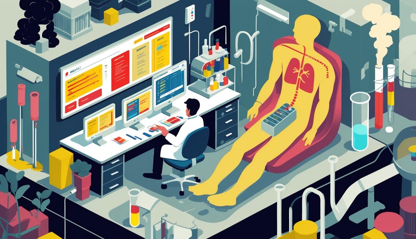 A laboratory scene showing scientists testing blood samples and environmental sources like old pipes and factories, with a patient undergoing a blood test and a human body highlighting areas affected by lead.