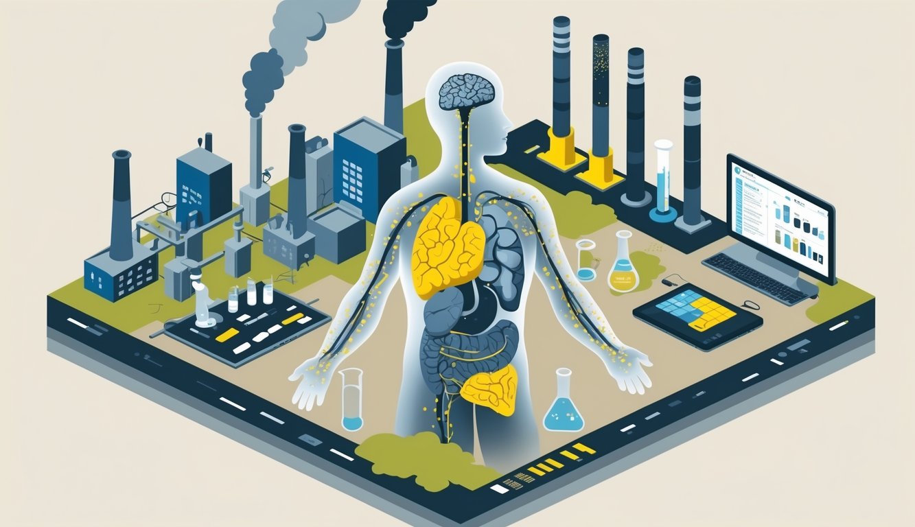 A semi-transparent human figure with highlighted organs showing lead accumulation, surrounded by industrial factories, old paint, and contaminated water, alongside a laboratory testing setup.