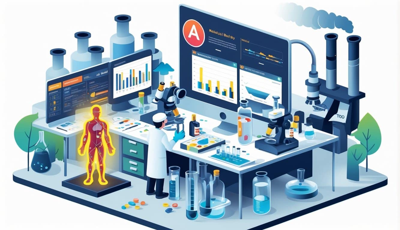 A laboratory scene showing scientists testing blood samples and environmental toxins, with a human body model highlighting areas affected by lead exposure and nearby representations of pollution sources.