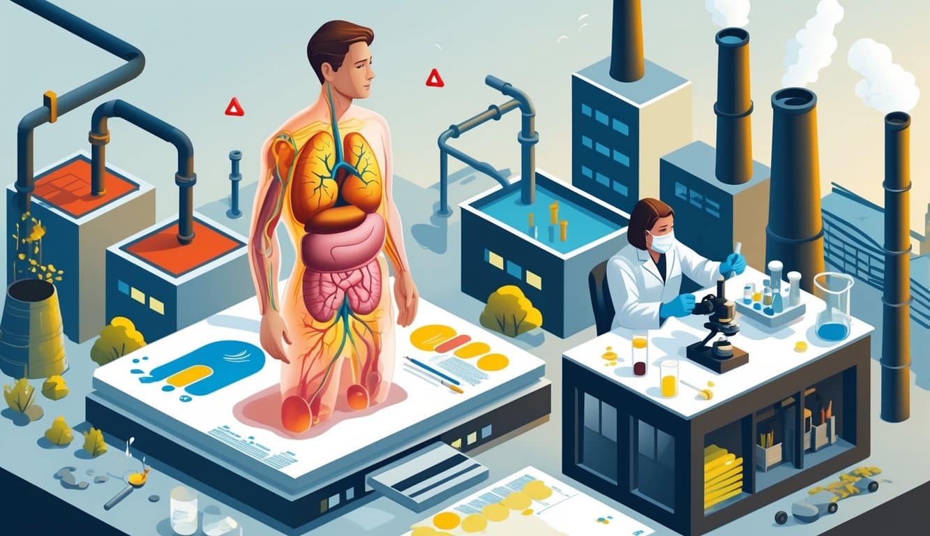 A human figure with highlighted internal organs showing health risks, surrounded by environmental sources of lead contamination and a technician analyzing toxin tests in a lab.
