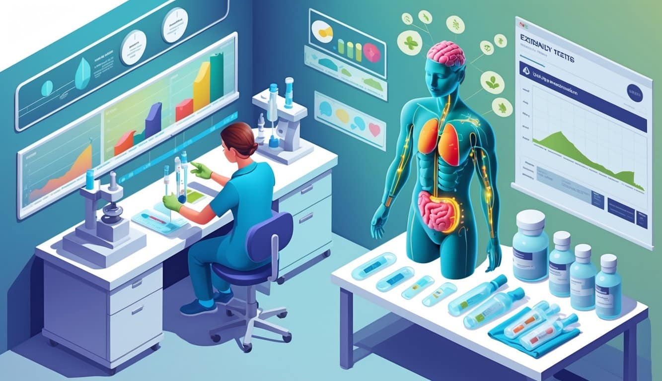 A medical professional analyzing blood samples in a lab with a detailed human body model showing areas affected by lead, alongside medical treatment tools and monitoring charts.