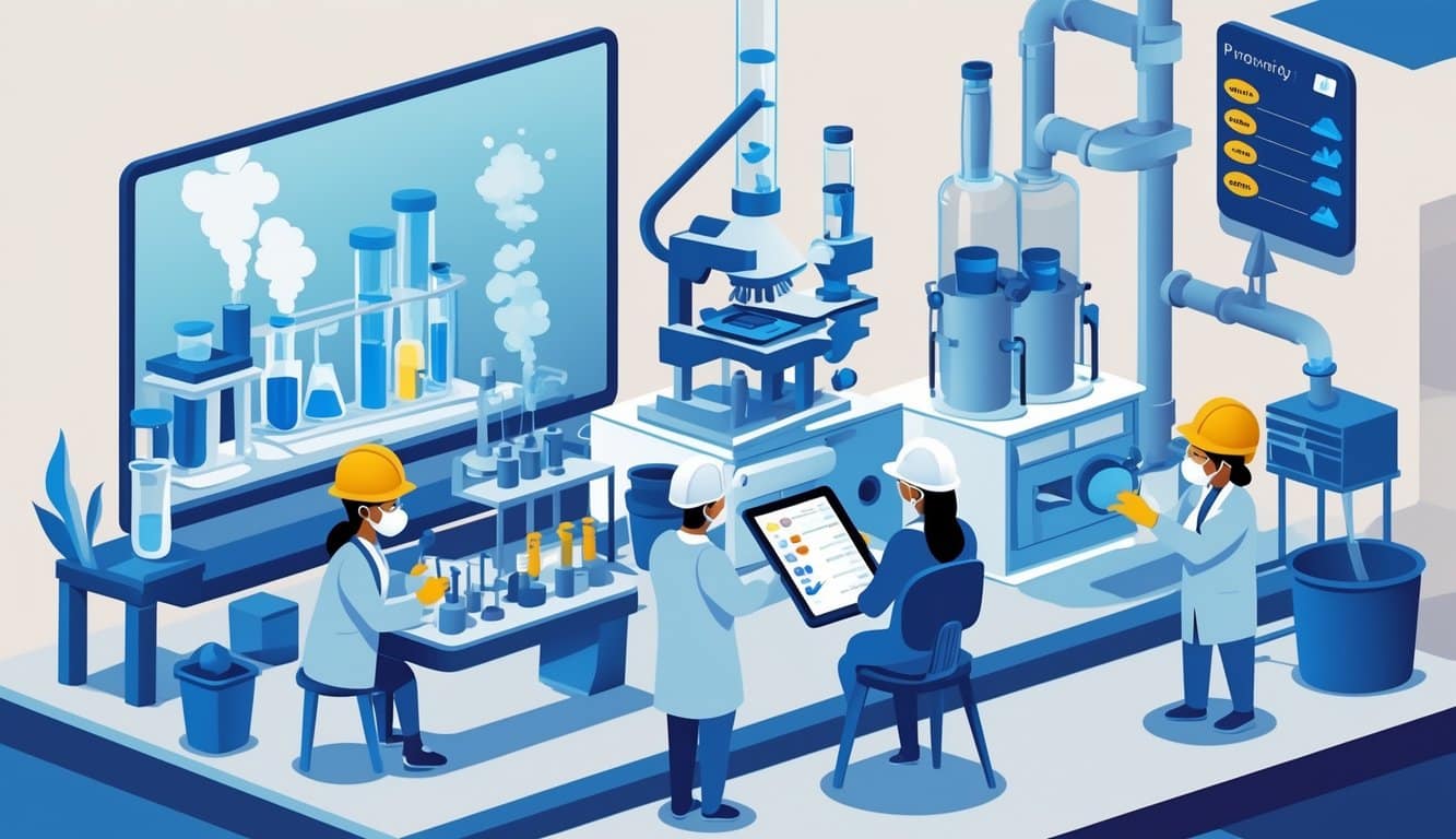 A laboratory and industrial workplace where professionals test for lead exposure and workers use safety equipment to prevent contamination.