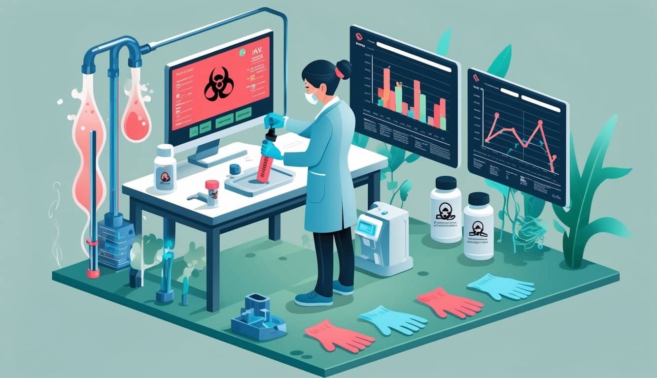 A laboratory scene showing a technician testing blood samples with medical equipment, a human figure with highlighted blood vessels, and symbols representing lead contamination and protective gear.