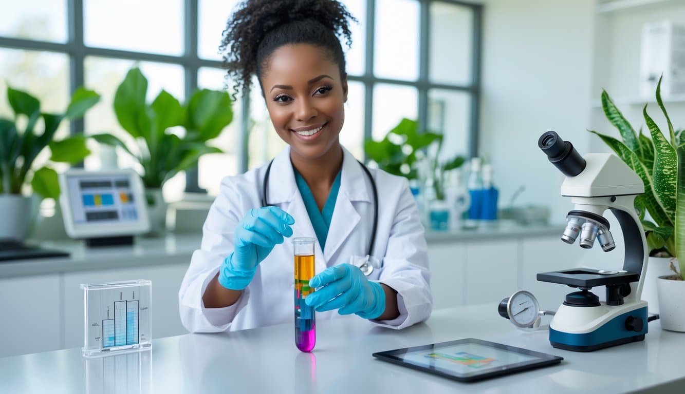 A healthcare professional in a lab coat handling a test tube in a bright wellness clinic with scientific equipment and plants in the background.