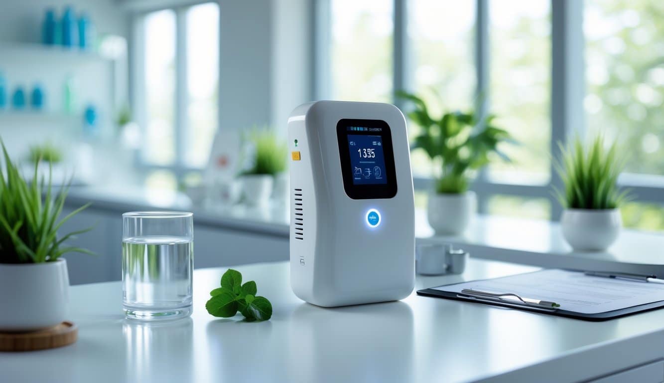 A clean laboratory setting with a testing device on a countertop surrounded by plants and medical supplies under natural light.